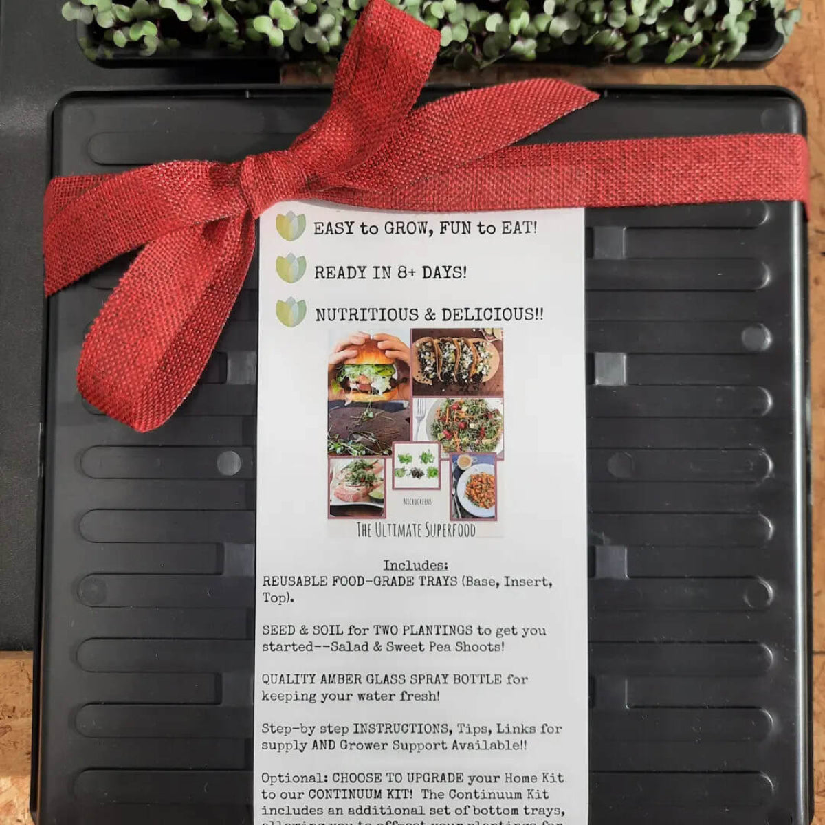 Botanical Companions Microgreen Garden Home Grow Kit with a red ribbon on top and label with ‘Easy to grow, fun to eat, ready in 8 days, nutritious and delicious’ and product information listing the contents, including black and green trays, two soil pucks, two seed packs, mister bottle, and detailed grow instructions and grow tips!
